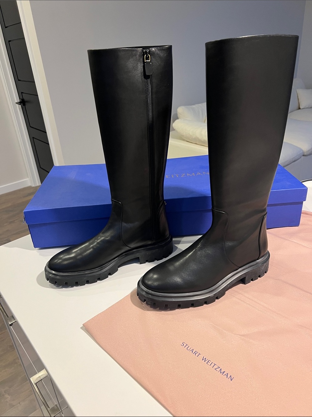 Stuart Weitzman ultra lug tall long black leather boots size 11